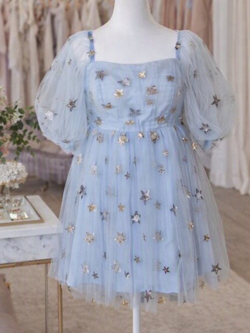 POMUYOO Blue Star‑Embellished Tulle Puffy Sleeve Corset‑Back Mini Dress Size 10
